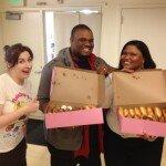 Always show up with donuts. Always. Operations Manager Laura O’Brien (left) was certainly happy to see us.